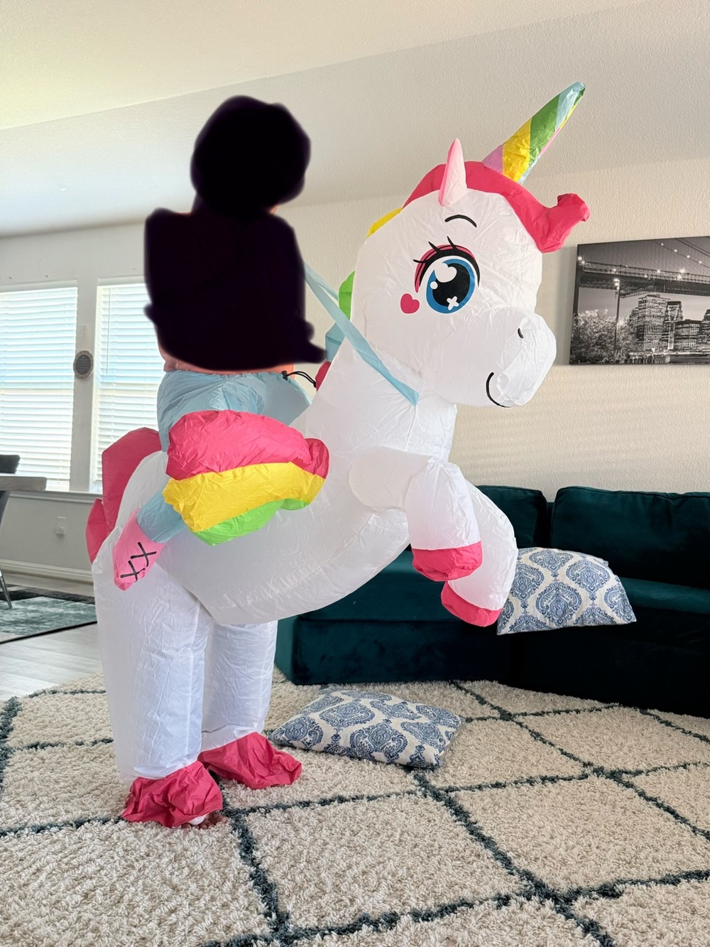 Inflatable White Unicorn Ride-On Costume - Pink & Rainbow